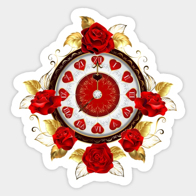 Clock with Red Roses Sticker by Blackmoon9